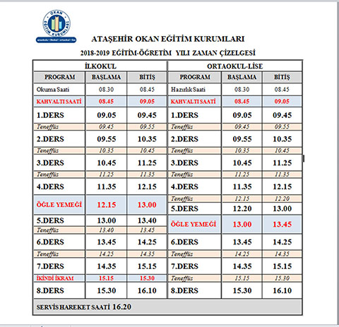 Okan Koleji Ataşehir  Kampüsü İlkokul 2018-2019 Eğitim Öğretim Yılı Zaman Çizelgesi 